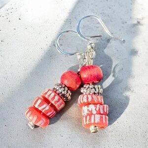 Handcrafted Red striped sand cast glass & wood Earrings